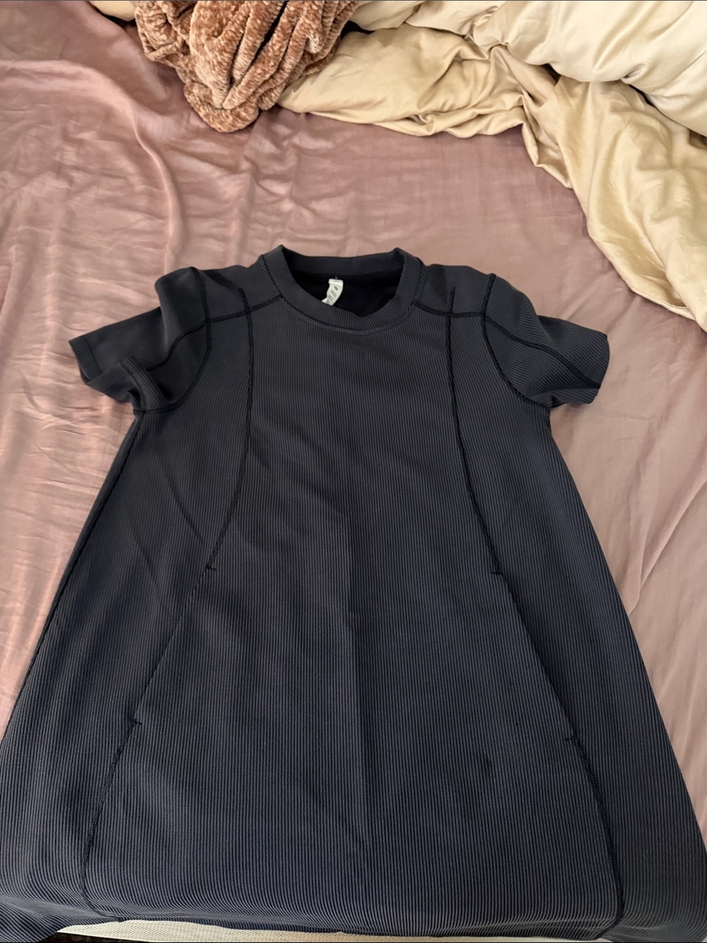 Ribbed Short-Sleeve A-Line Dress — Navy